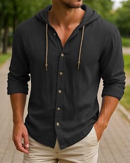 Men's Cotton Linen Button Down Hoodie Long Sleeve Casual Beach Top Hooded Lightweight Fashion Shirts