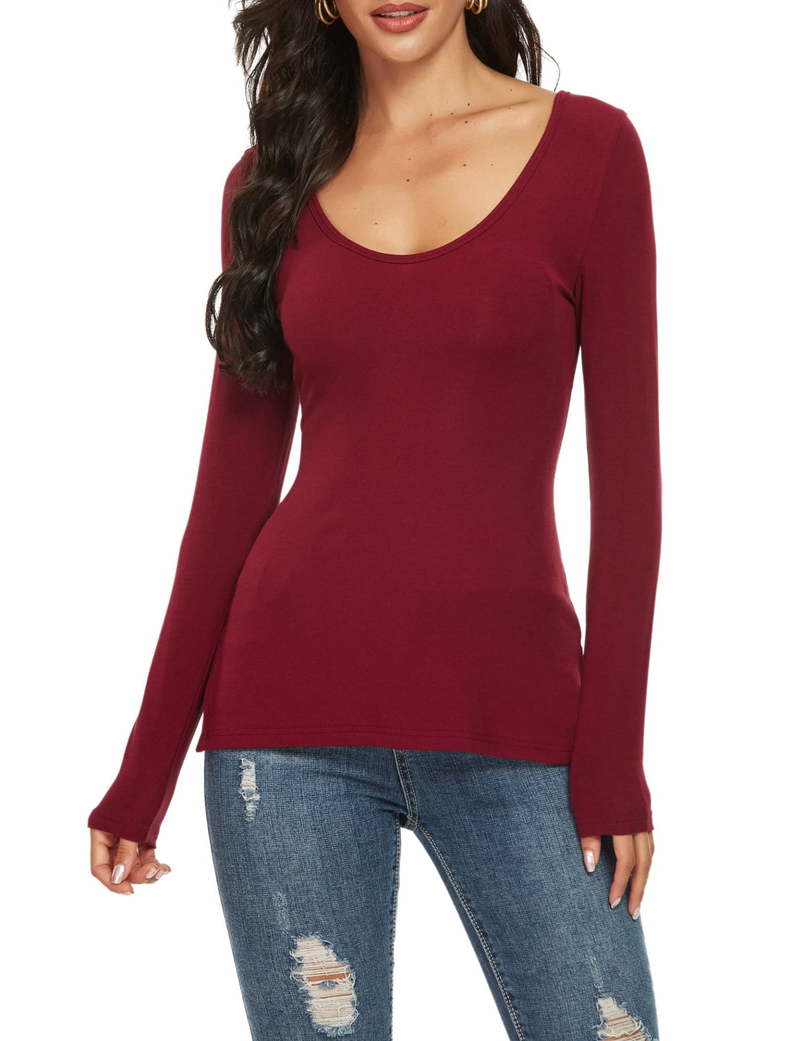 Women Long Sleeve Crew Neck Rayon Slim Fit Stretchy Layer T Shirts Tops