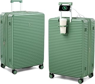 HanTrip Travel Luggage with Cup Holder Phone Holder Charger Built in Lightweight Suitcases, Forest Green