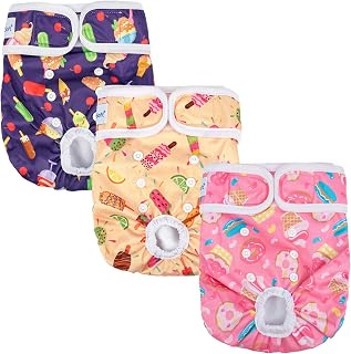 Pet Soft Dog Nappies Female, 3 Pack Reusable Dog Period Pants, Adjustable Pet Diapers for Female Dogs in Season Heat Incontinence (Foodie, S)