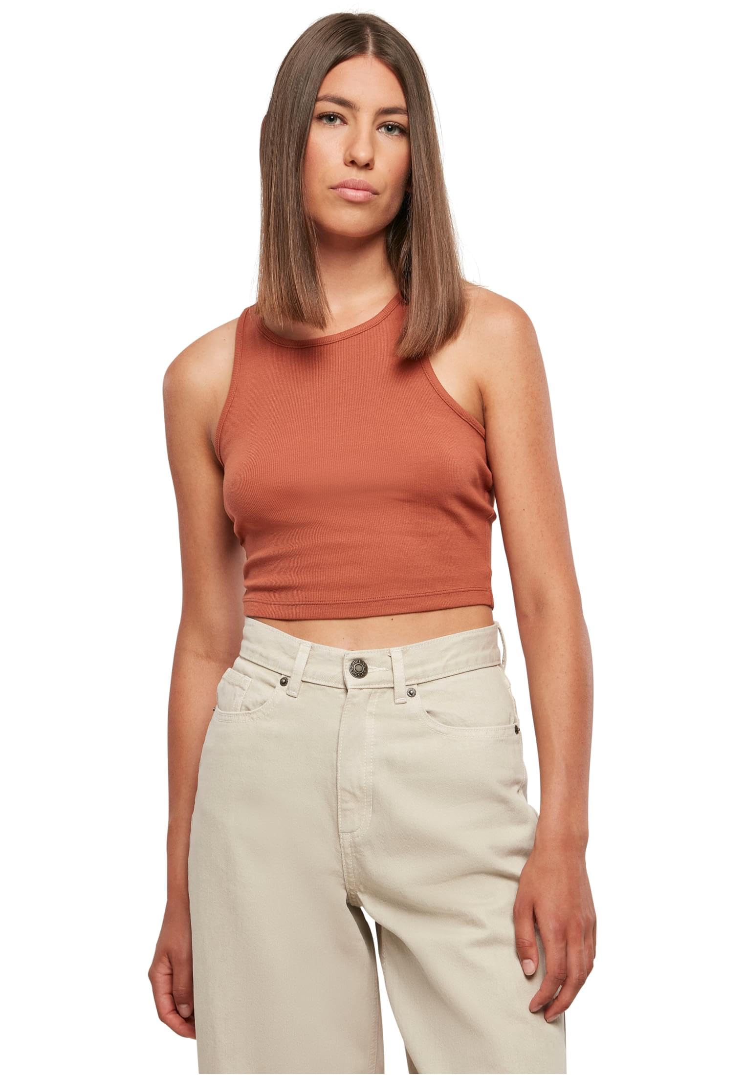 Urban Classics Ladies Cropped Rib Top Women's Top Brown 97% Cotton, 3% Spandex R