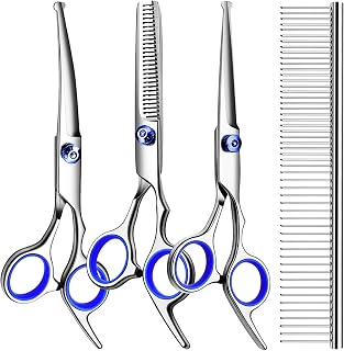 4 in 1 Professional Dog Cat Grooming Scissors Kit with Safety Round Tips, Sharp and Durable, Dog Grooming Scissors, Includes Straight, Curved Scissors