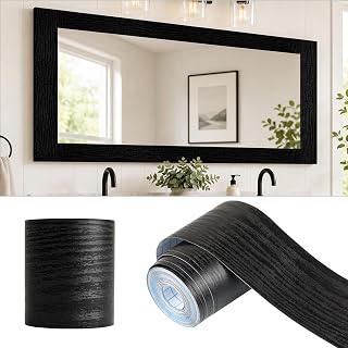 Alened 6M Black Mirror Border Peel and Stick, Wood Grain Wallpaper Border | Self Adhesive Bathroom Mirror Frame Tape Trim, Waterproof Mirror Edge Decor Sticker, Removable Molding for Kitchen 2"x236" ﻿