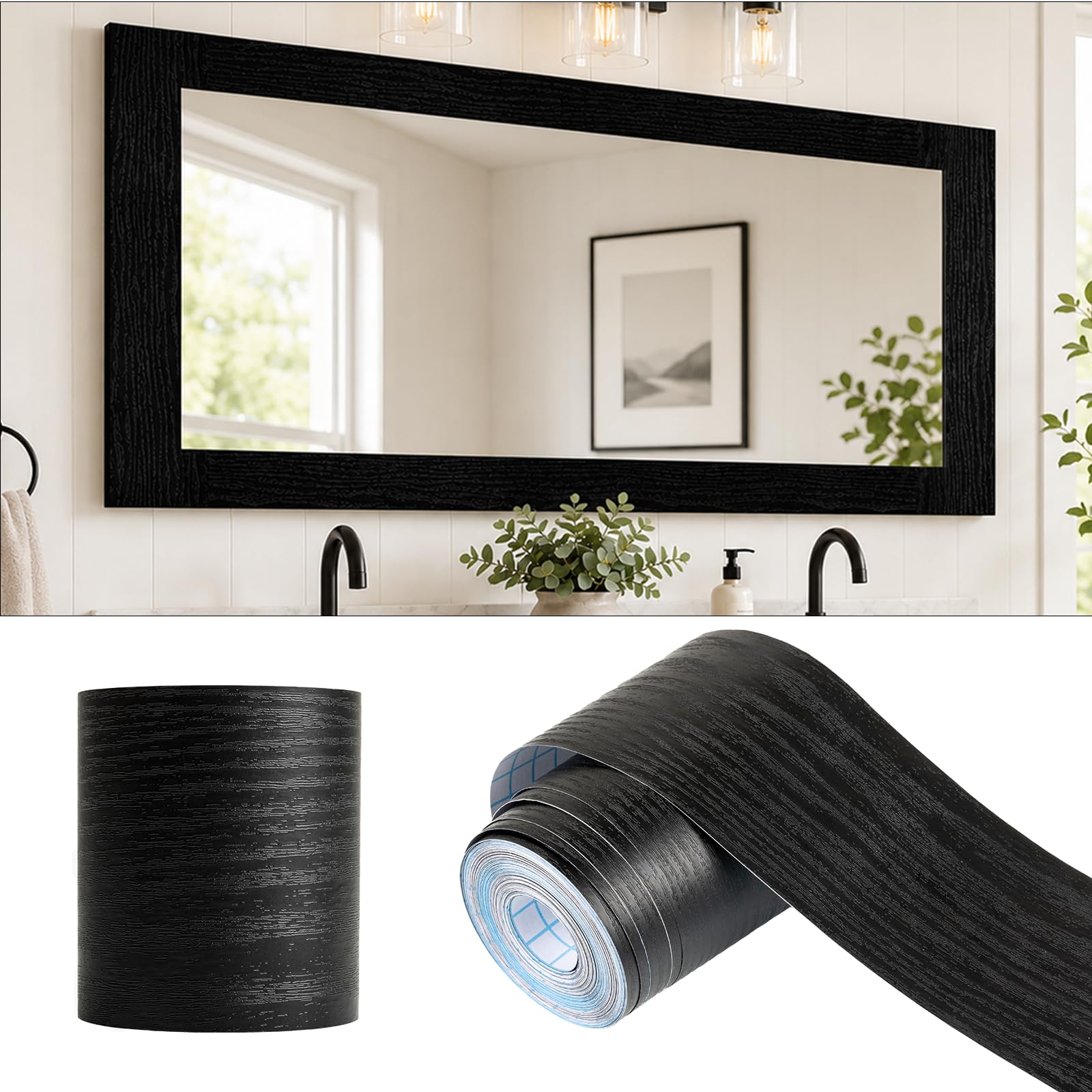 Alened 10M Black Mirror Border Peel and Stick, Wood Grain Wallpaper Border | Sel