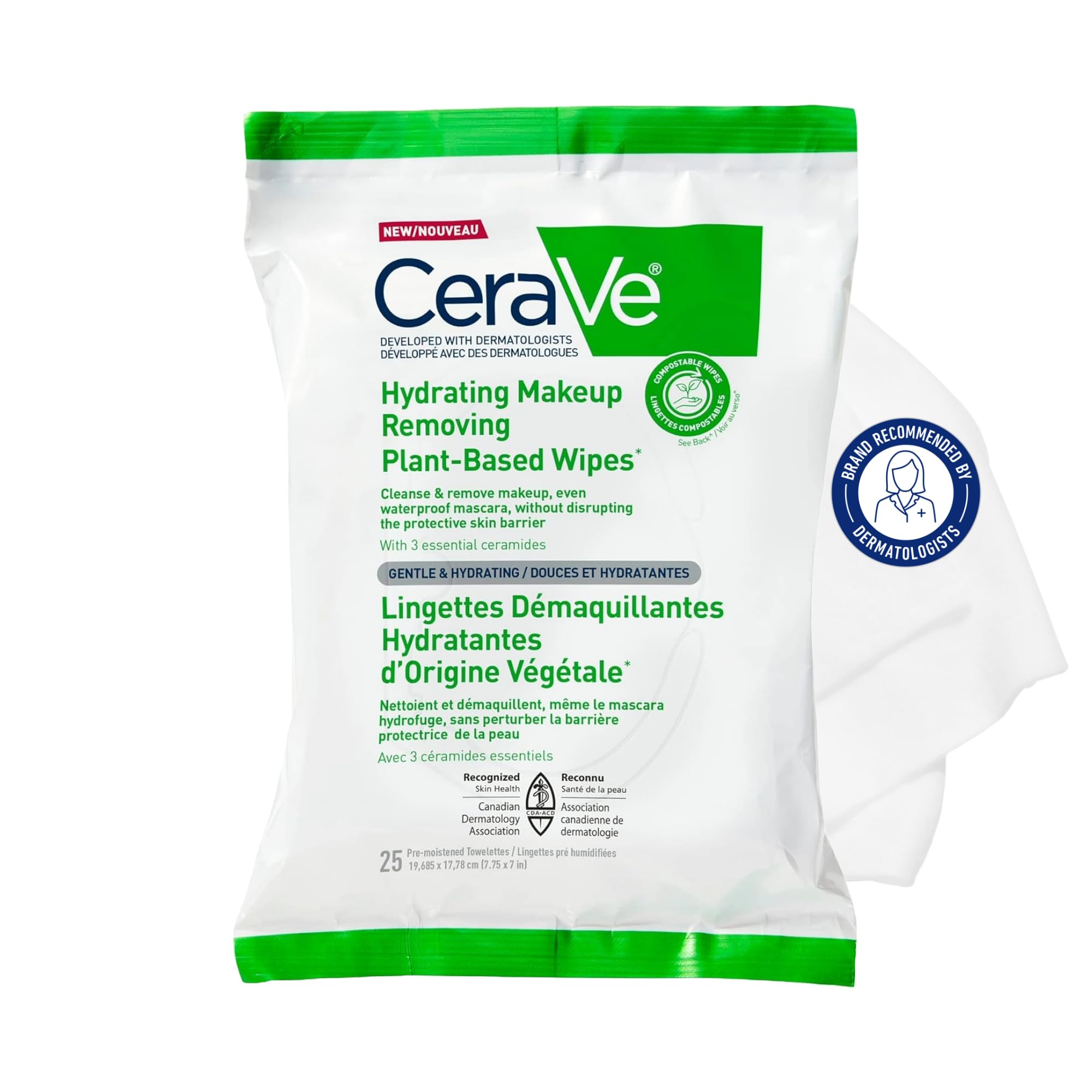 CeraVe Hydrating Makeup Removing Plant-Based 25 Ultra-Gentle Wipes | Cleanses Wa