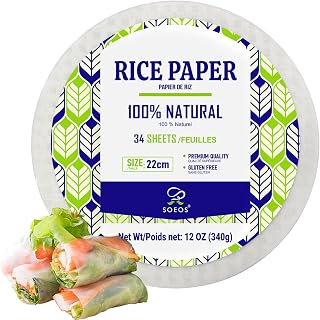 Soeos Rice Paper, 12oz (340g), 34 Sheets - Round Spring Roll Wrappers for Fresh Rolls & Dumplings,Low Carb, Vietnamese Rice Paper (22cm).