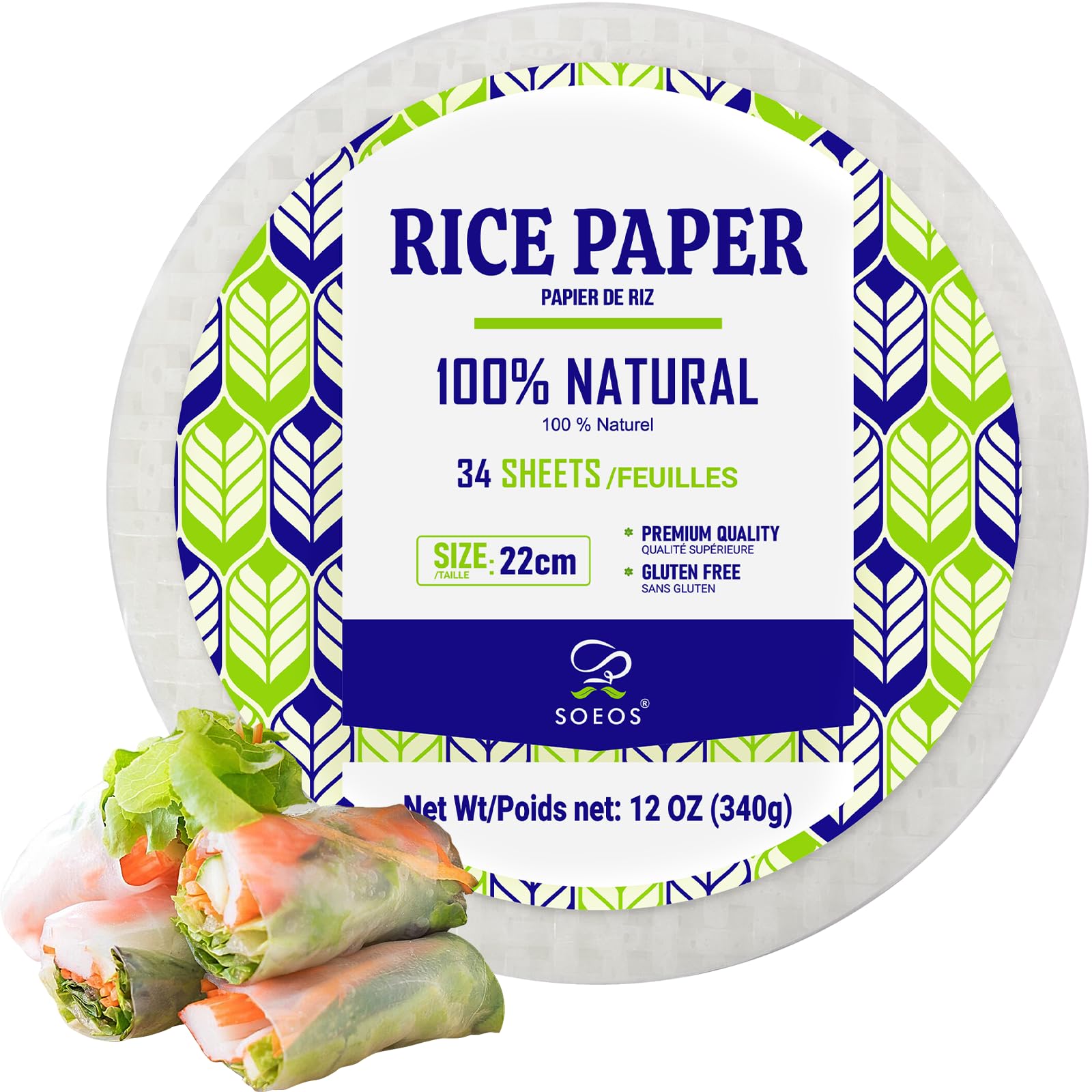 Soeos Rice Paper, 12oz (340g), 34 Sheets - Round Spring Roll Wrappers for Fresh 