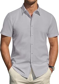 J.VER Men's Short Sleeve Stretch Shirts Stain Resistant Shield Casual Buttoned Formal Shirts Solid Color