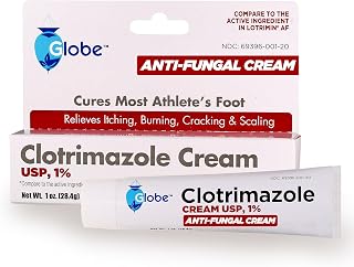 Globe Clotrimazole Cream 1% Antifungal Itch Relief Treatment, 1 oz Tube | Athlete's Foot Care, Jock Itch Care, Ringworm Care, Antifungal Formula, Compact Tubes, Easy Application, Travel Storage