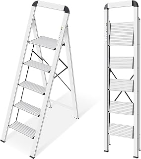 KINGRACK Aluminium 5 Step Ladder, Lightweight Step Stool with Non-Skid Pedals, Handrail, Foldable Step Ladder for Kitchen, Garage, Home, Space Saving, Sturdy and Portable, Silver