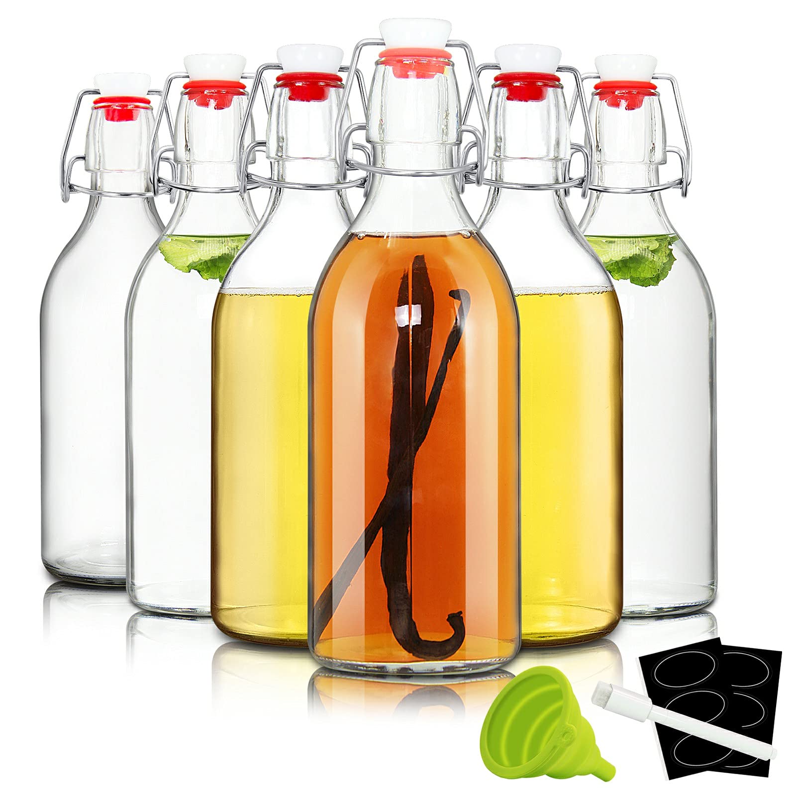 YEBODA 16 oz Clear Swing Top Glass Bottles with Airtight Lids, 6 Pack | Reusable