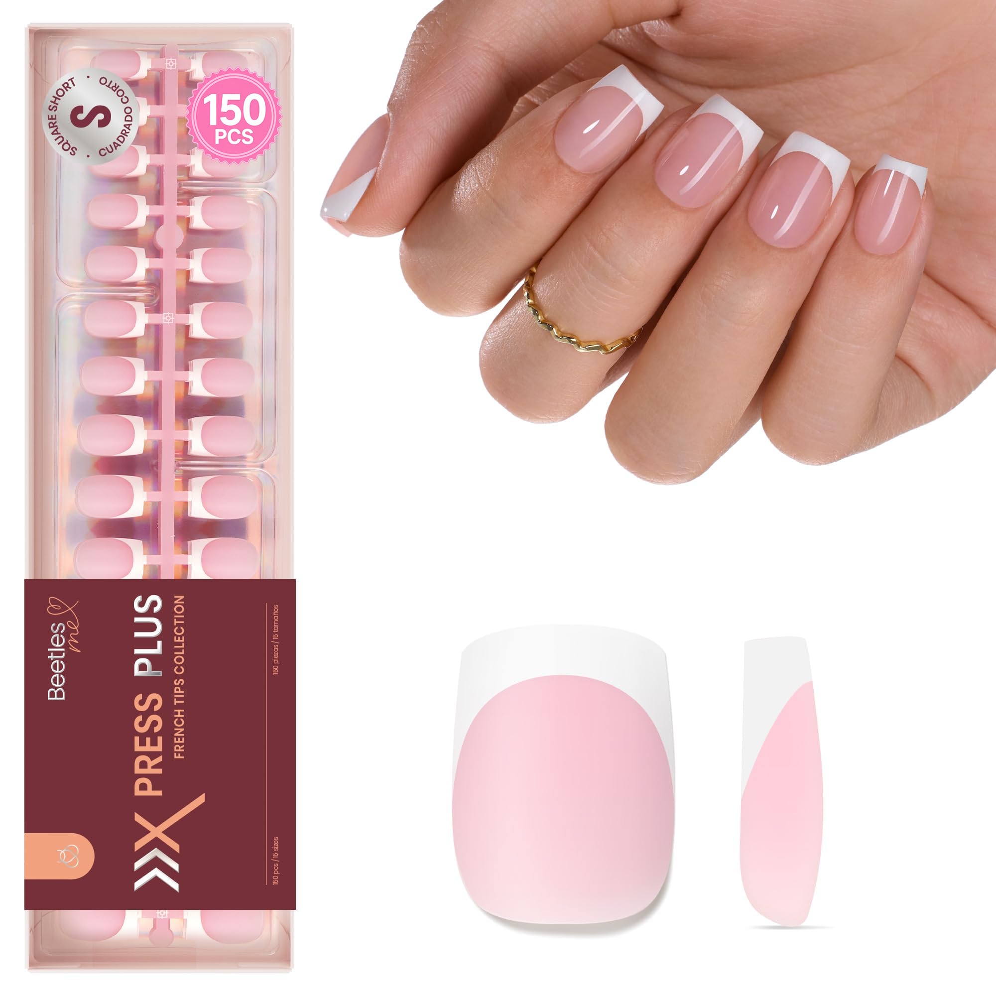 Beetles French Tips Press On Nails - Short Square 150 Pcs | 15 Sizes Pink Fake N