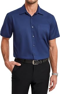HISDERN Men's Short-Sleeved Summer Bamboo Fibre Shirt with Buttons and Pockets