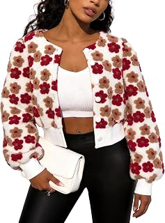 Flygo Women's Floral Bomber Jacket Warm Cropped Print Fleece Coat Outwear