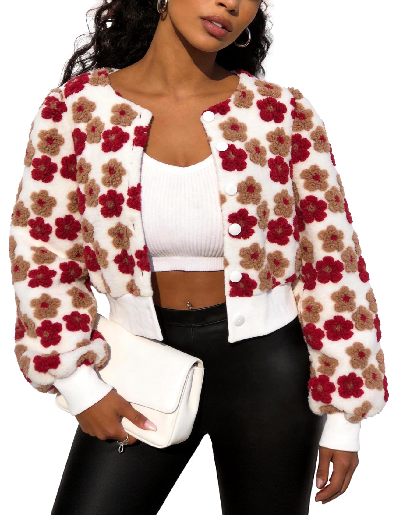 Flygo Women's Floral Bomber Jacket Warm Cropped Print Fleece Coat Outwear