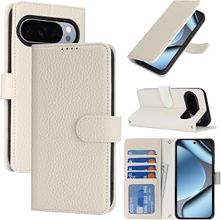 SailorTech Case for Google Pixel 10/10 Pro Genuine Leather with Wallet Card Slot, Flip Folio Book with Kickstand Magnetic Cover Leather Protective Shockproof Phone Cover for Pixel 10 Purse Case-White