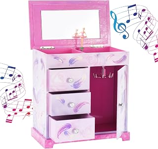 Jewelkeeper Pink and Purple Ballerina 3 Drawers Jewelry Box for Girls - Little Girl's Wooden Jewelry Box with Necklace Carousel - for Kids or Teen Necklaces and Accessories