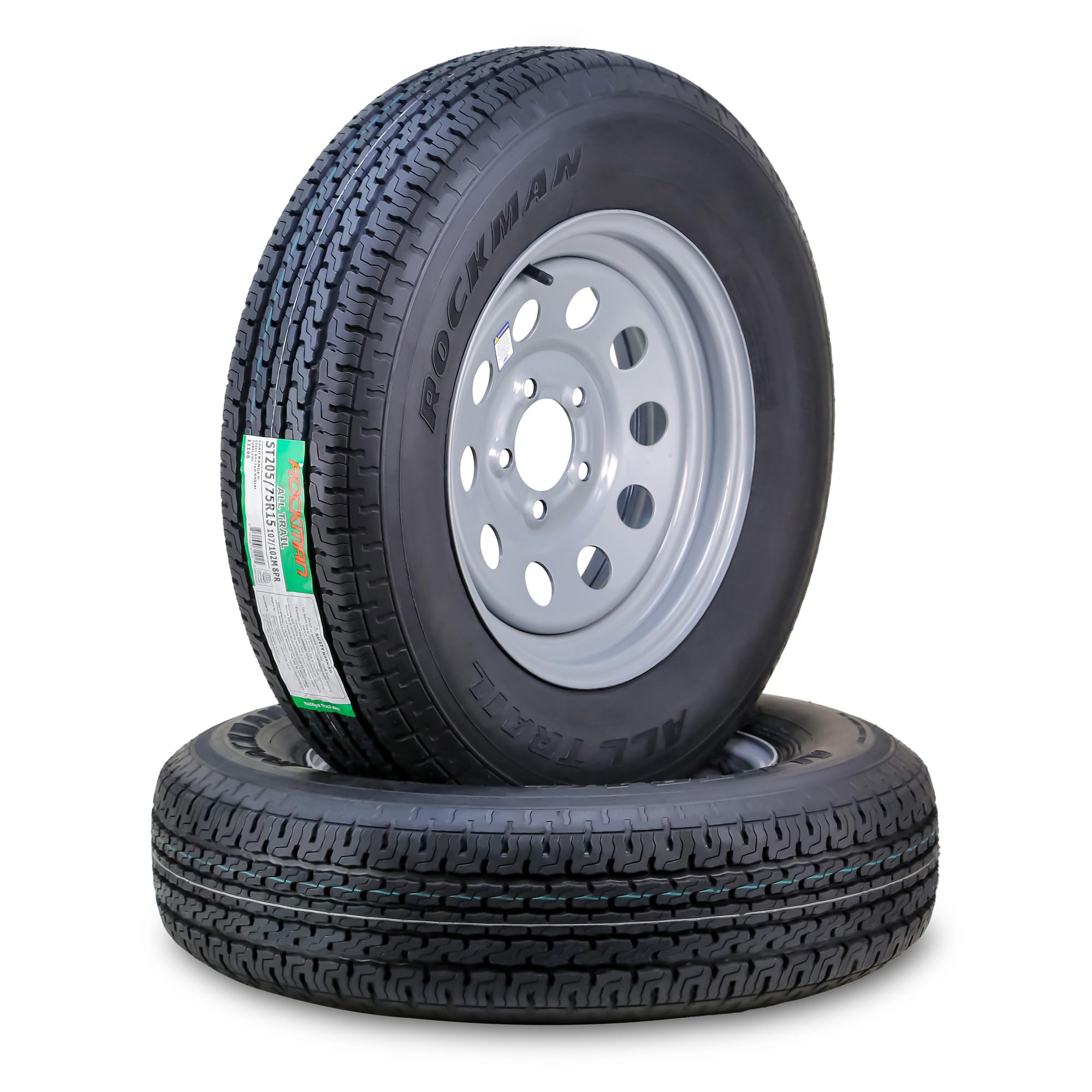 ROCKMAN Trailer Tire Wheel ST205/75R15 8-Ply D 107M 5X5" Silver Mod Rim,Pk2 | 5 