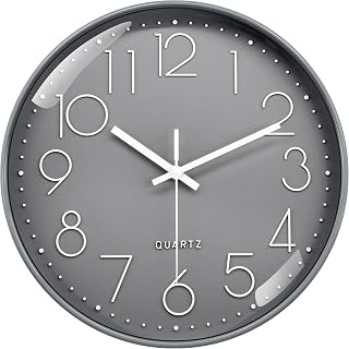 VIKMARI 12 Inch Grey Modern Wall Clock Silent for Living Room Office