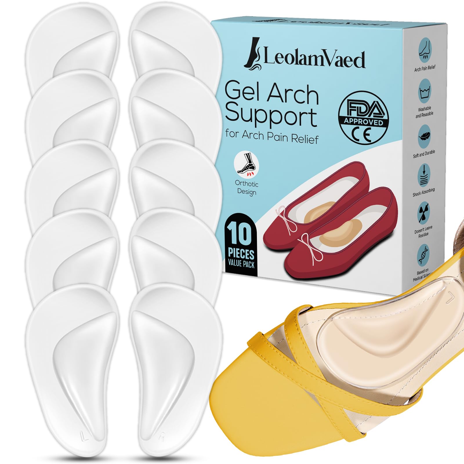 Reusable Arch Support Inserts for Plantar Fasciitis Relief, Self-Adhesive Arch S