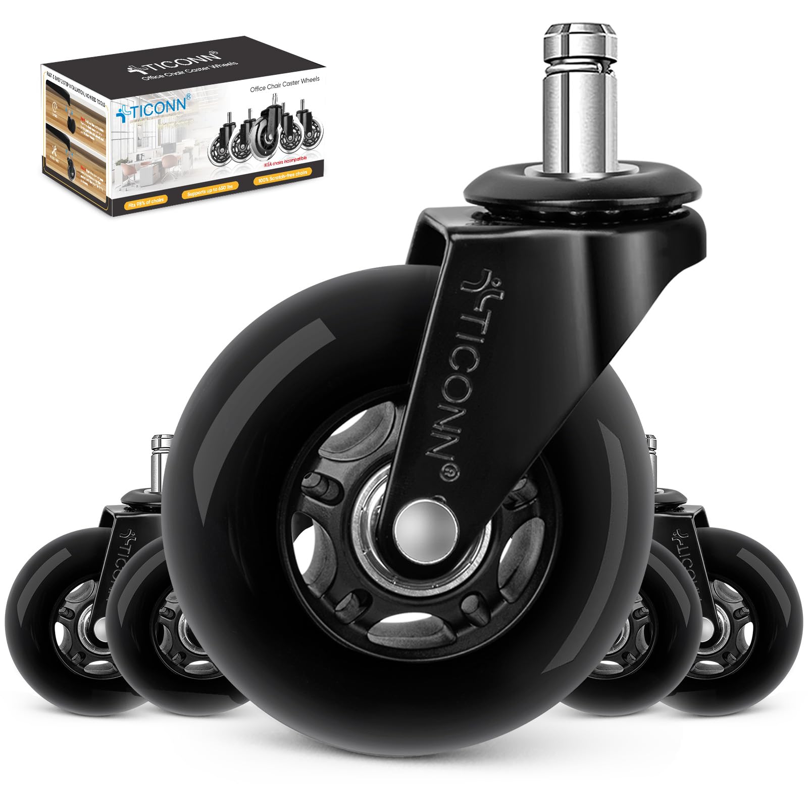 TICONN Office Chair Wheels, 3" Caster Wheels for Tile Carpets, Set of 5 | 650 lb