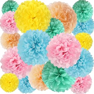 20 PCS Tissue Paper Pom Poms, Tissue Pom Poms Flowers, Sizes of 6", 10", 12", 14" Hanging Paper Flower Ball for Wedding, Birthday, Easter, Graduation Party Decor (Light Colorful)