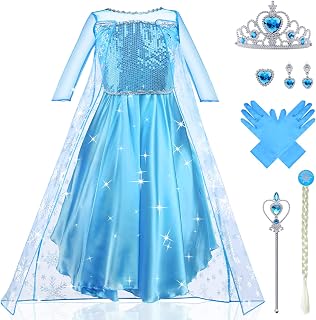 URAQT Princess Costumes for Girls, Snow Queen Princess Dress up, Ice Snow Princess Costume with Fairy Wand and Crown Tiara, Deluxe Girls Fancy Dress for Party Cosplay Bridesmaid Pageant