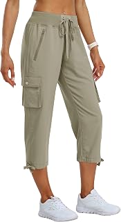 MoFiz Women's Cargo Trousers Capri Trousers Summer 3/4 Lightweight Outdoor Hiking Trousers with Zip Pockets