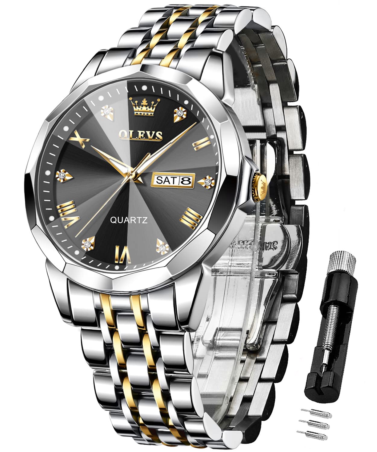 OLEVS Herren Armbanduhr,Quarz Analog,Edelstahl,zweifarbig,wasserdicht