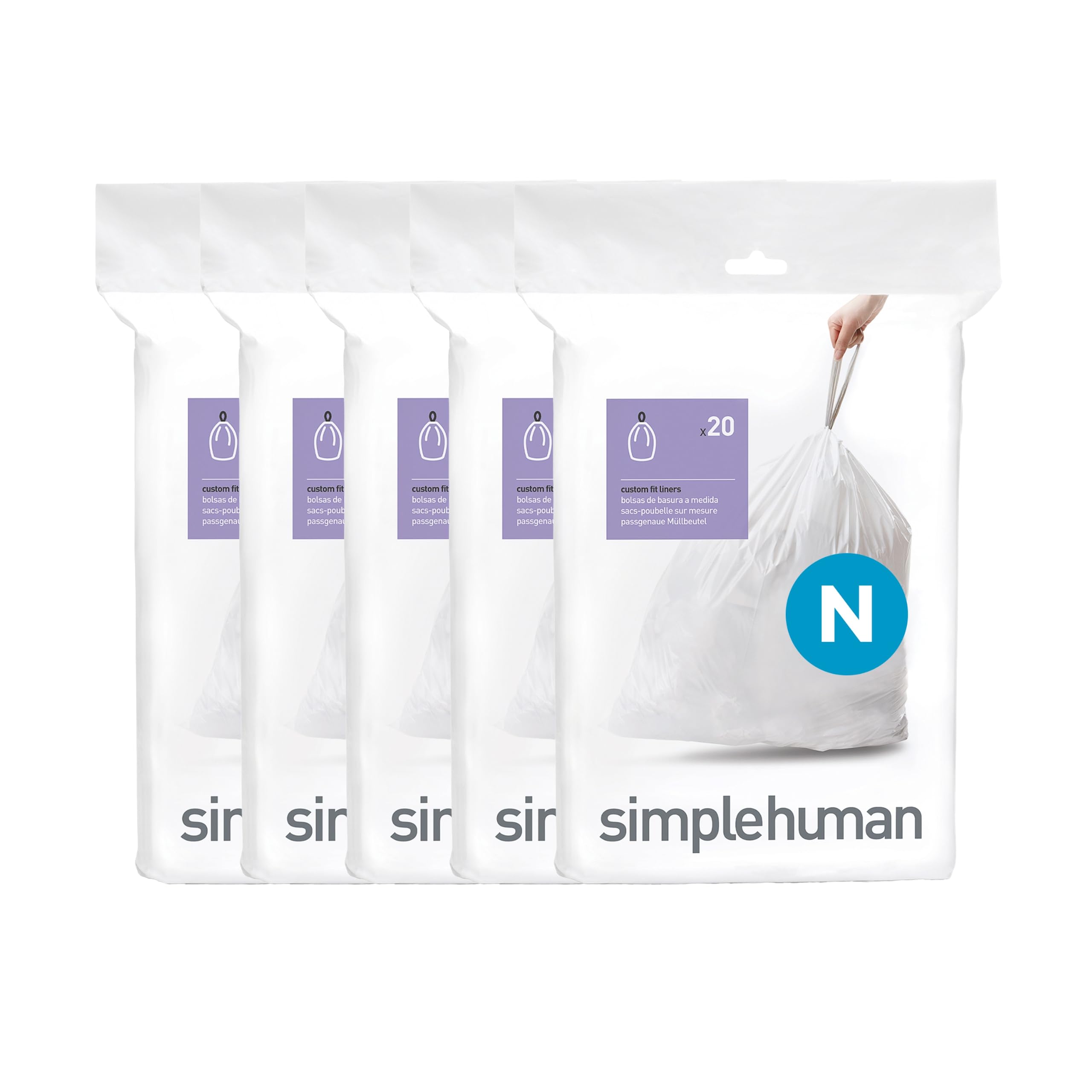 simplehuman Code N 100 Liners, 50% Recycled Custom Fit Bin Bags in Dispenser Pac