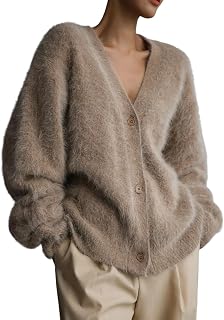 Yimoon Fuzzy Cardigan Sweater for Women V Neck Long Sleeve Button Down Loose Fuzzy Knit Sweater 2024 Khaki S, khaki, S