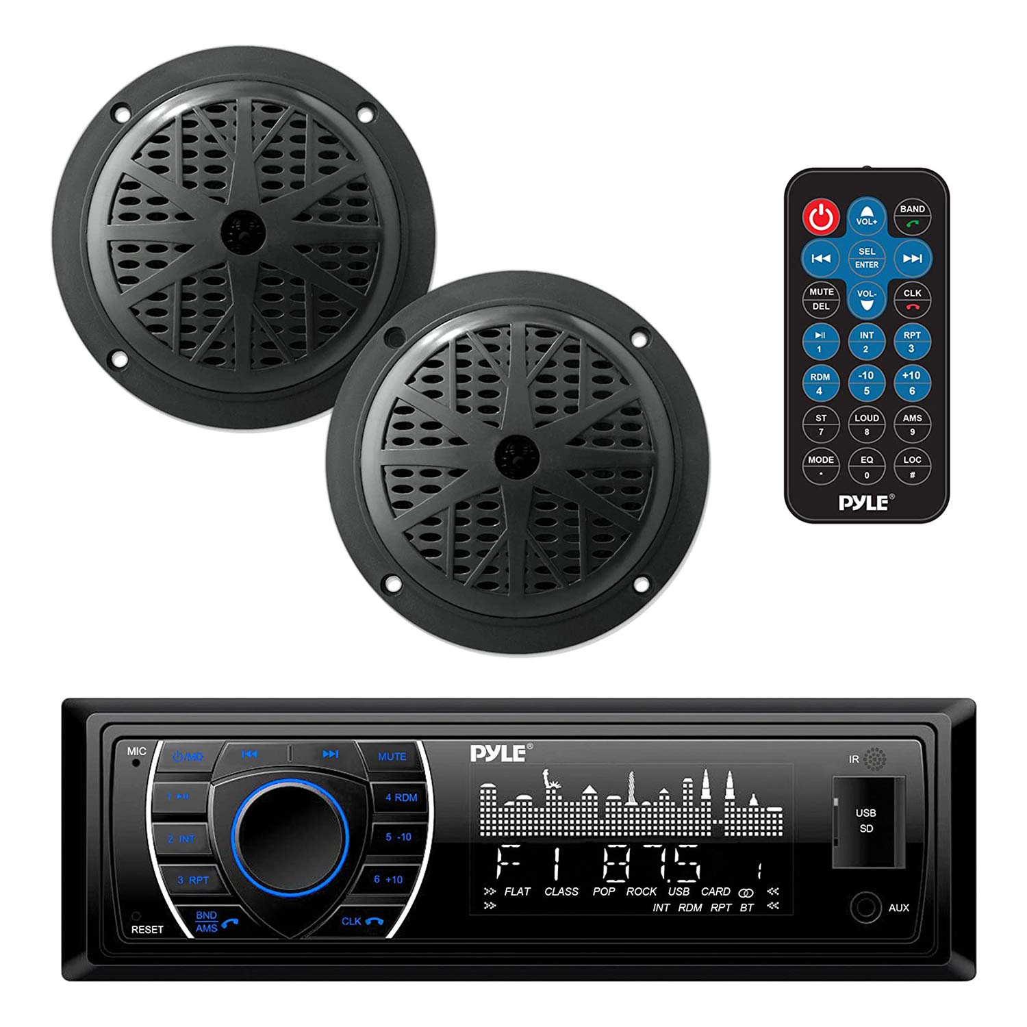 Pyle Marine Headunit Receiver Speaker Kit - In-Dash LCD Digital Stereo Built-in 