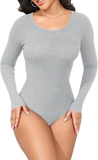 GEMBERA Women's Long Sleeve Boat Neck Soft Ribbed Basic Fitted Bodysuit Top Shirts