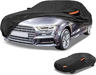 Partuto 190T-PU Universal Waterproof Car Cover for Sedan 178-186in | All Weather Waterproof, UV Sun Rain Protection, Left Side Zipper, Black