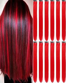 12 PCS Red Hair Extensions Clip-in Colored Accessories for Teen Women Gift | Olldag Red Wig Extensions 22 Inch, Long Straight Synthetic Hairpieces for Girls Kids, Party Cosplay and Daily Wear