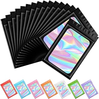 Funfery 100 pcs Black Mylar Holographic Resealable Bags,Clear Packaging Bag Odor Proof Foil Pouch Bag for Food Storage, Lipgloss, Jewelry, Eyelash Packaging for Small Business - 3x4.7 Inch