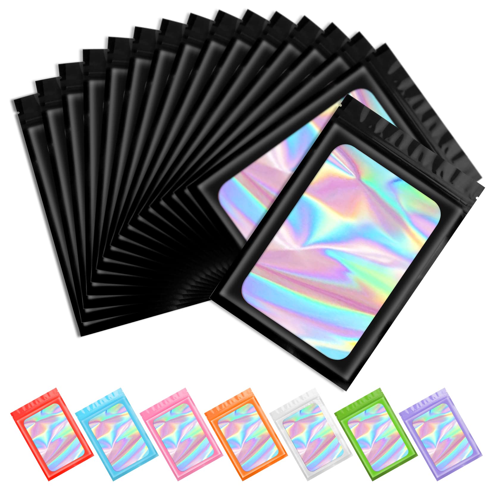 Funfery 100 pcs Black Mylar Holographic Resealable Bags,Clear Packaging Bag Odor