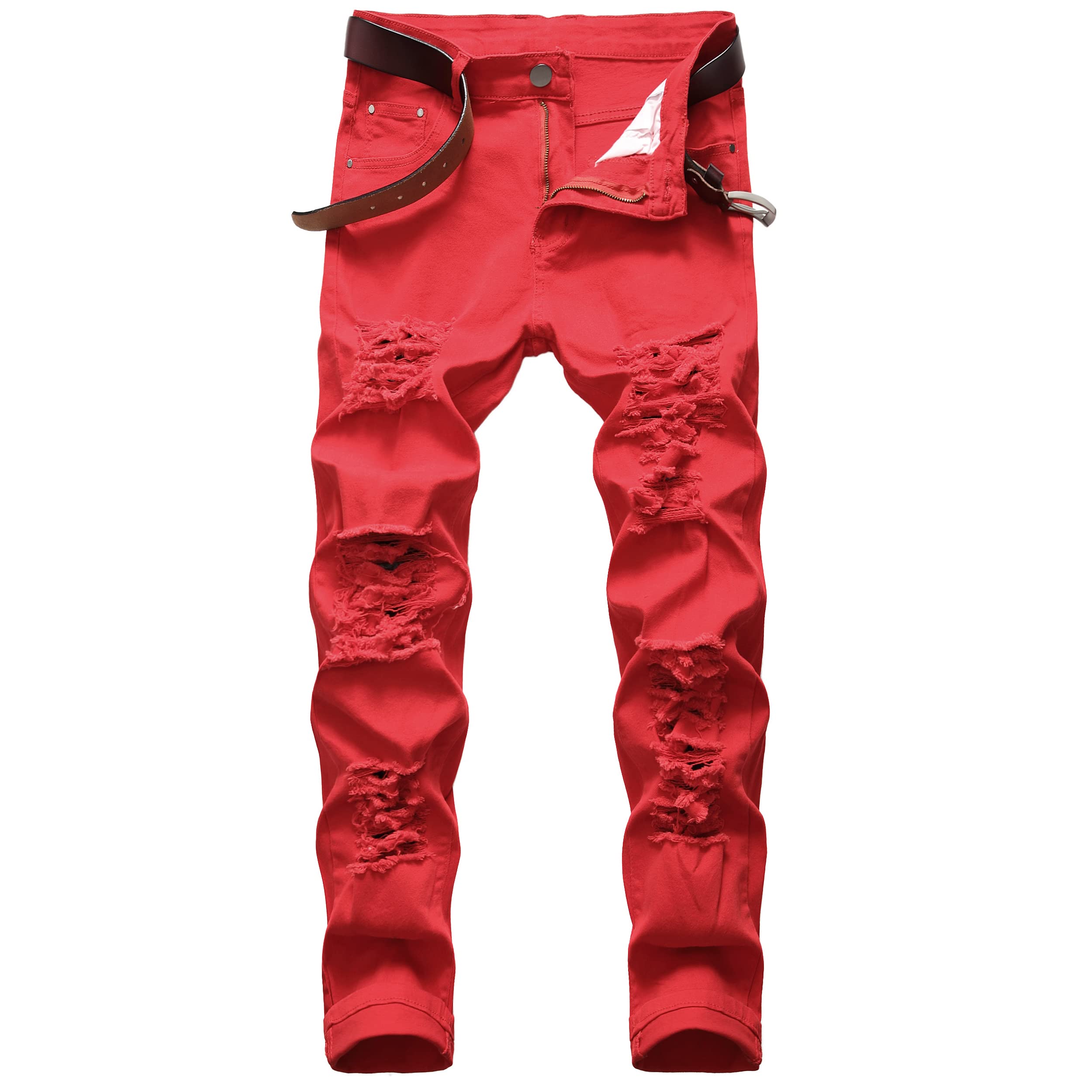 Men's Ripped Jeans Slim Fit Straight Leg Denim Pants with Holes