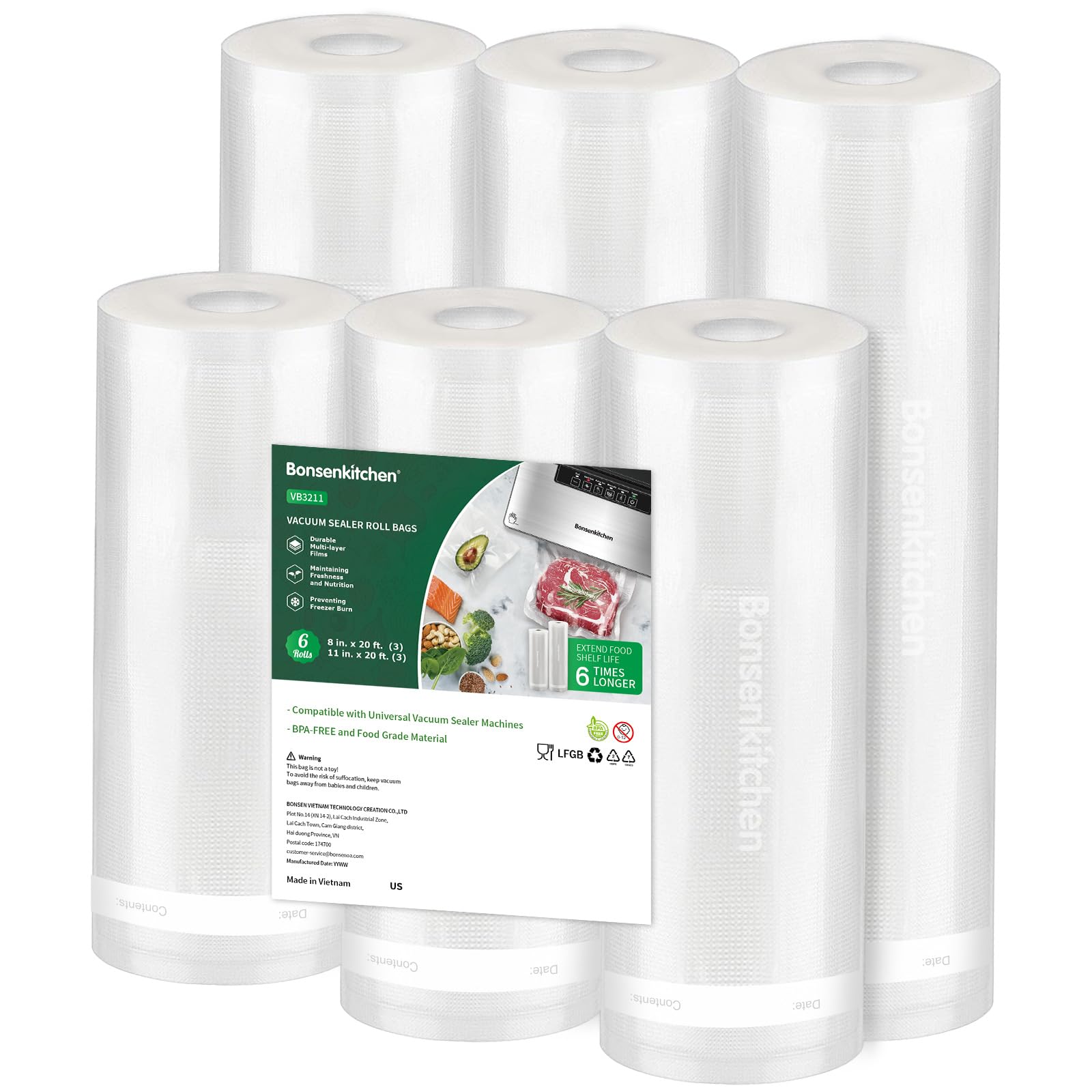 Bonsenkitchen Vacuum Sealer Rolls bags, 3 Rolls 11"x 20'+ 3 Rolls 8"x 20' | 6 Pa