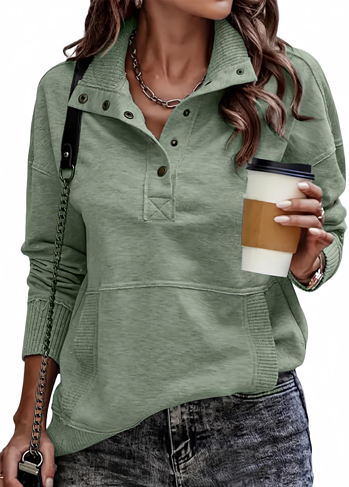 SHEWIN Women's Casual Long Sleeve Stand Neck Sweatshirt Lightweight Button Draws