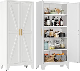 YAUWOH Metal Cabinet with 2 Barn Doors, 71" Tall Steel Pantry Cabinet with 4 Adjustable Shelves & Anti-Tip Design, Farmhouse Storage Cupboard for Kitchen, Garage, Basement & Laundry Room, White