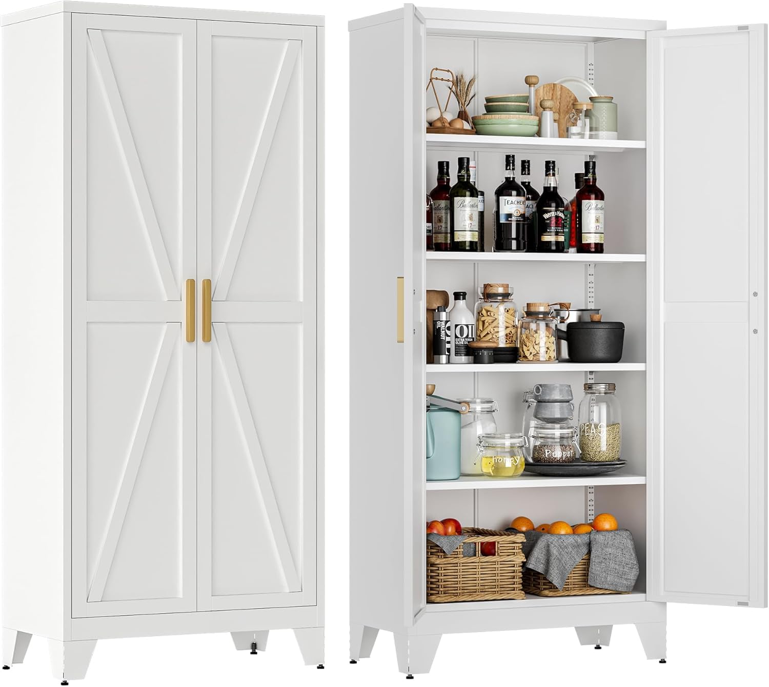 YAUWOH Metal Cabinet with 2 Barn Doors, 71" Tall Steel Pantry Cabinet with 4 Adj