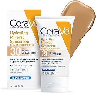CeraVe Tinted Sunscreen for Face, Mineral SPF 30 Moisturizer, Medium, 1.7oz | Skin Care, Face Sunscreen, Hyaluronic Acid, Zinc Oxide, Titanium Dioxide, Sheer Tint, Healthy Glow, Blends Seamlessly