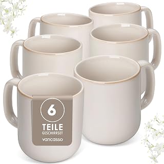 vancasso PLAYA Set of 6 Stoneware Coffee Cups - 6 x 480 ml - Breakfast Cups with Handle for Milk, Tea, Cappuccino and Yogurt - Dishwasher and Microwave Safe - Beige