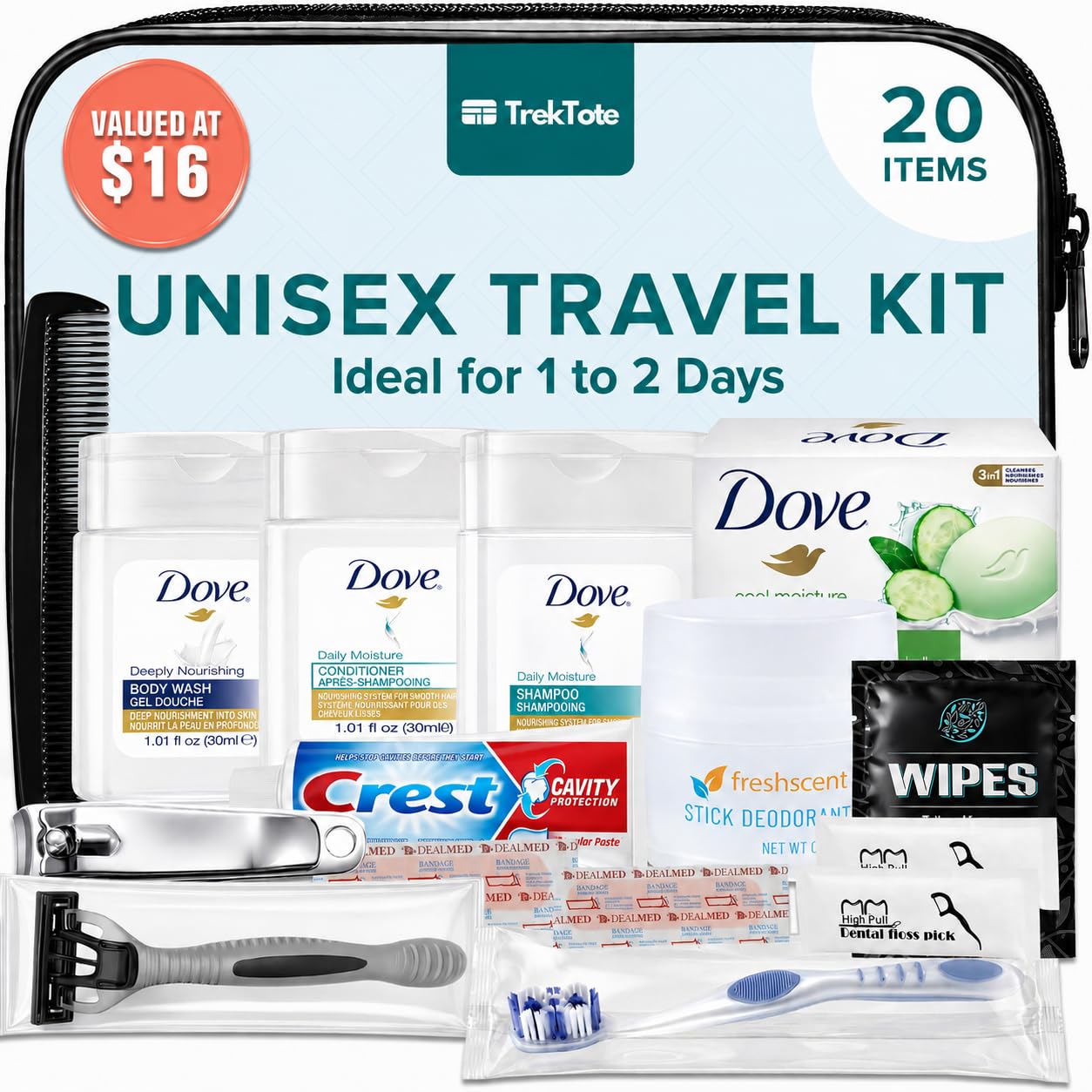 TREKTOTE Travel Essentials Hygiene Kit Premium TSA Approved (1 Pack)