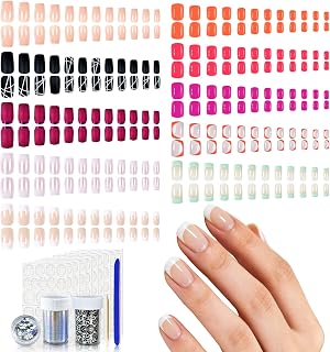 10 Pack Push Nails, Mixed Color Shiny Fuchsia False Nails, Medium Salon Pre-Designed Black Nude French Nail Art Tips for Daily Nails Women Girls Gift with Adhesive Tab