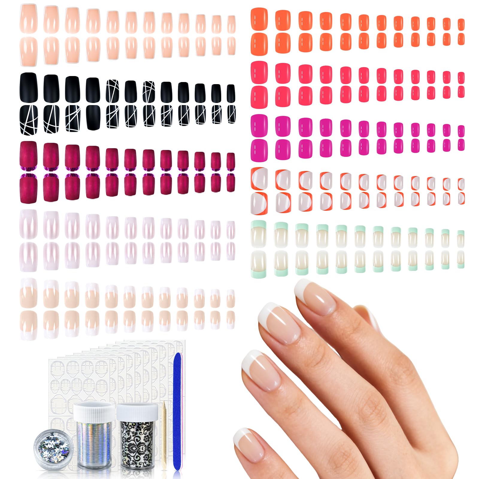 10 Pack Push Nails, Mixed Color Shiny Fuchsia False Nails, Medium Salon Pre-Desi