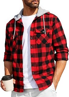 SwissWell Lumberjack Shirt Men's Checked Long Sleeve Shirt Jacket Men's Flannel Shirt with Hood Outdoor Lumberjack Jacket M-3XL