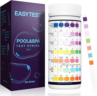 EASYTEST 7-Way Pool Test Strips, 150 Strips Water Test for Hot tub and Spa | Water Chemical Testing kit for Bromine, Total Alkalinity, pH, Free Chlorine, Total Hardness, Cyanuric Acid, Total Chlorine