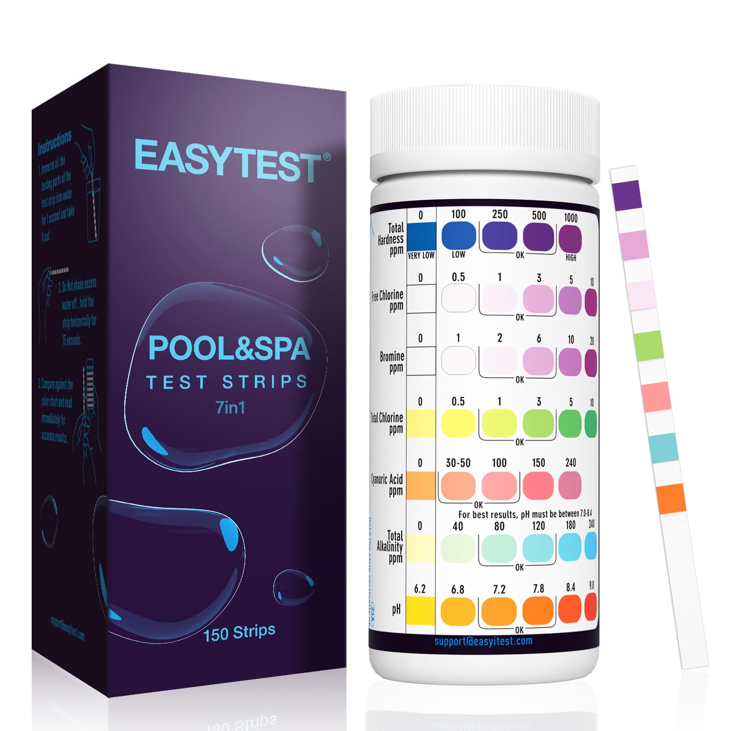 EASYTEST 7-Way Pool Test Strips, 150 Strips Water Test for Hot tub and Spa | Wat